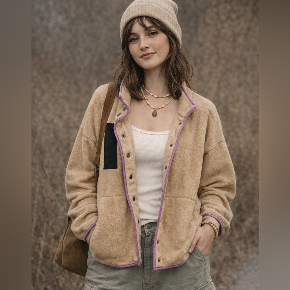 Wild Fable Beige Fleece snap earthy neutral jacket coat with Lavender Trim!